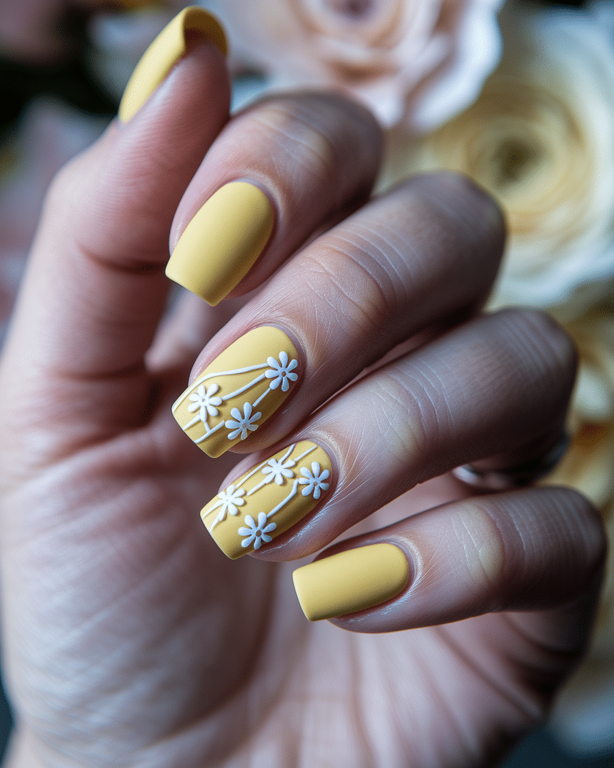 0004_3_a-close-up-photograph-of-a-beautiful-han_MgDjOQ12QnenuTIONUmmMw_2Y0K0oloQves7S0jQP4D5A Elegant Summer Nail Designs Featuring Yellow, French Tips, and Floral Accents