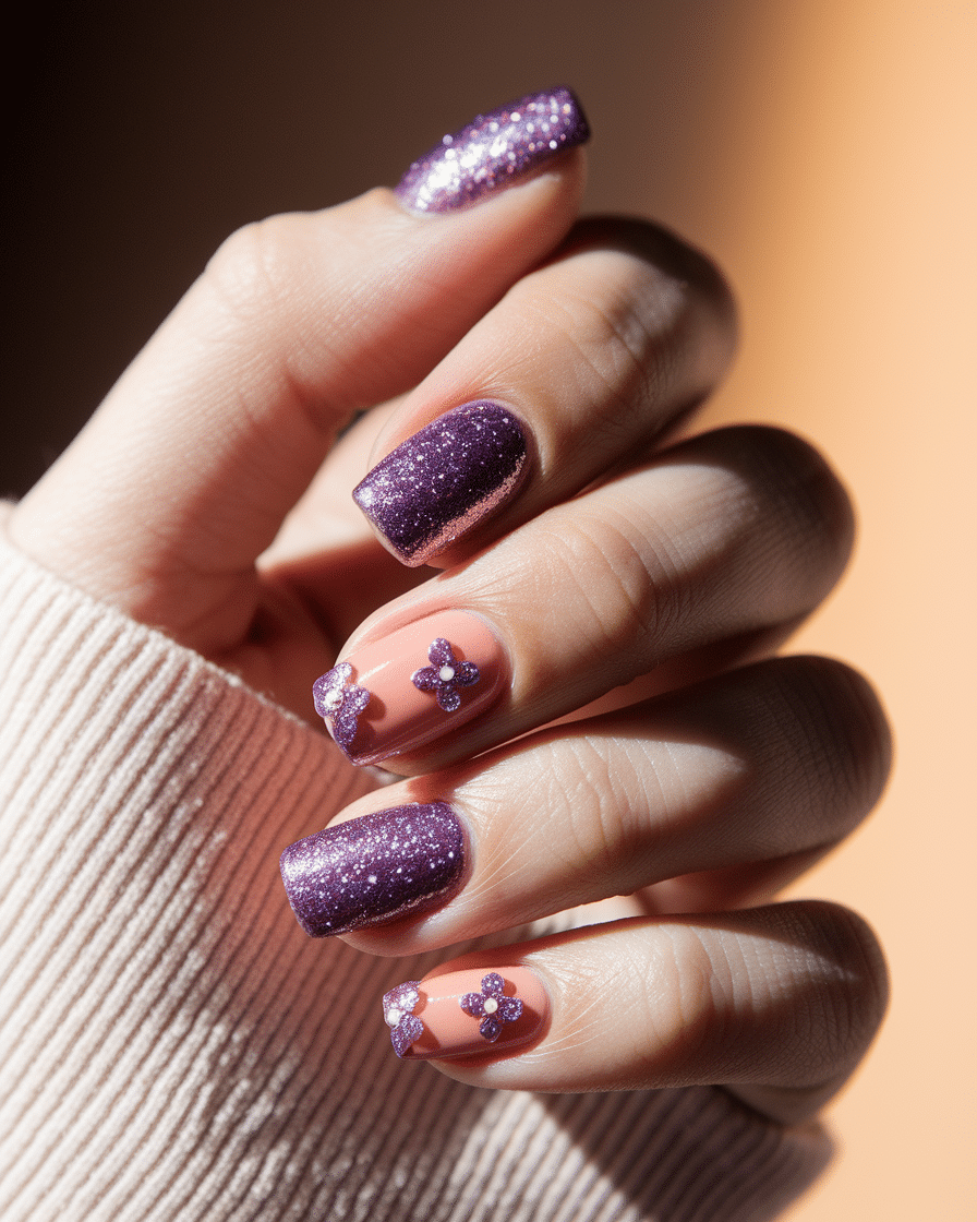 0004_3_a-close-up-photograph-of-a-gracefully-po_xshwxKllS8i70wECmI-ZBg_cHyiYitATDikr6MnUAnvwg Summer Floral Nail Trends: Embrace Peach and Purple for a Playful Seasonal Look