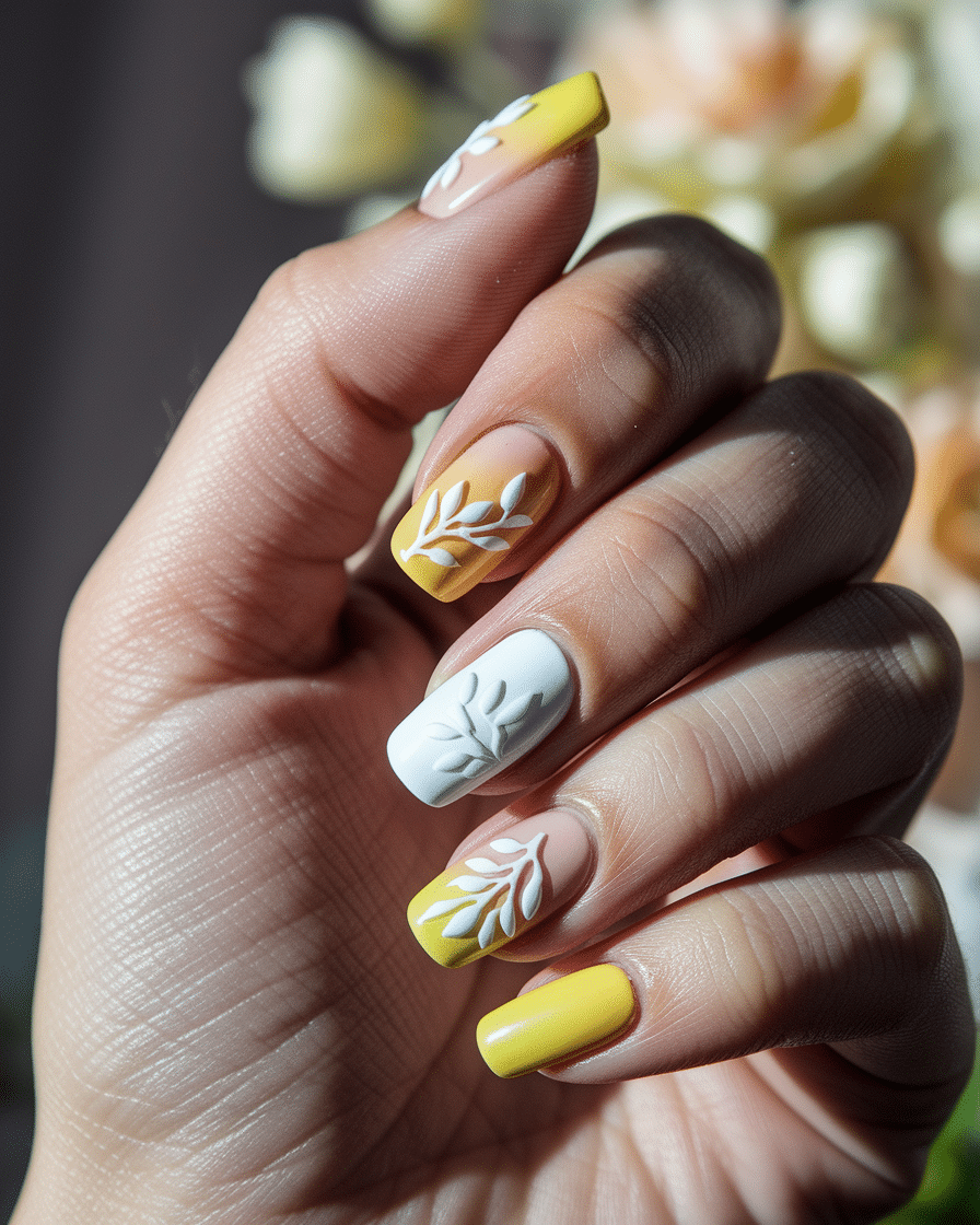 0005_2_in-a-close-up-photograph-a-hand-graceful_JFbVD_FfRKqHOxLFpBDdgw_H51O8tjZSyC52Ryr65cAog Elegant Summer Nail Designs Featuring Yellow, French Tips, and Floral Accents