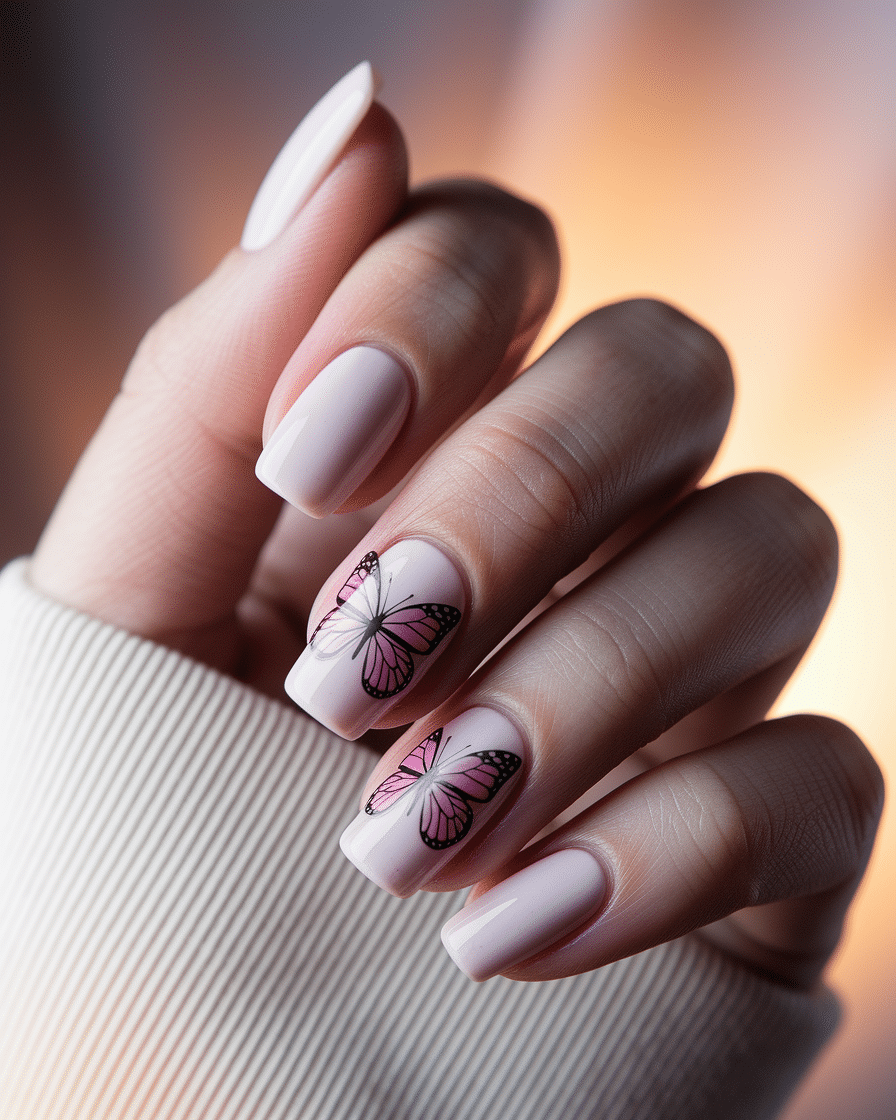 0006_2_a-close-up-photograph-of-a-delicate-hand_gZVty6GXQB64sz0YwbMDrw_OiyR4WEpSiarQGLZk9ccDg Pretty Spring Nail Designs with Butterfly and Pink Accents