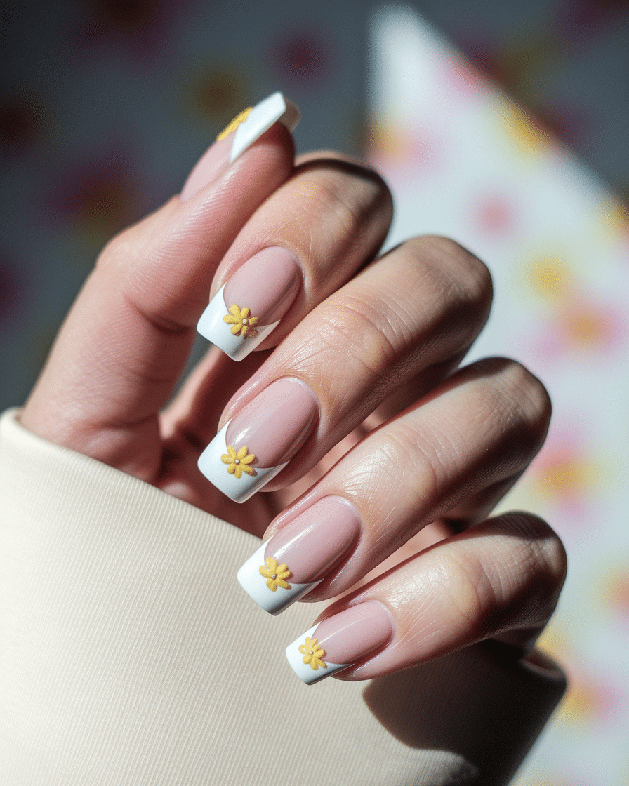 0007_3_a-close-up-photograph-of-a-graceful-hand_hdnx3kvWQAizzA00YVN2Sw_t9Cj5GGDSKajzDTwzKnygw Elegant Summer Nail Designs Featuring Yellow, French Tips, and Floral Accents