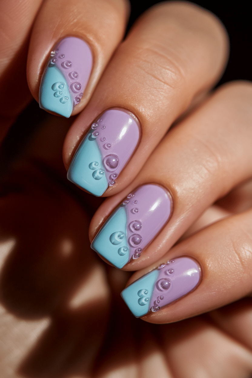 Matte Pastel Nail Designs with a Playful Twist: The Charm of Asymmetrical French Tips and 3D Bubble Art