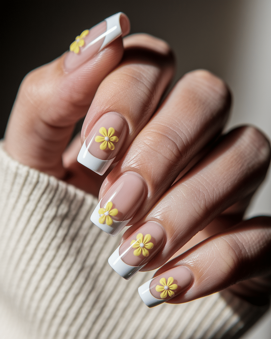 0009_2_a-close-up-photograph-of-a-beautiful-han_tpZVJerhQgioZ9WzmUfK0w_5UJP-NK2SySEI2cAskhnGQ Elegant Summer Nail Designs Featuring Yellow, French Tips, and Floral Accents
