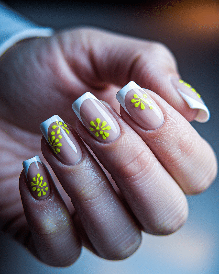 0009_3_in-a-close-up-photograph-a-beautiful-han_urhlhFPvS9WPl9qZP9L1PA_5UJP-NK2SySEI2cAskhnGQ Elegant Summer Nail Designs Featuring Yellow, French Tips, and Floral Accents