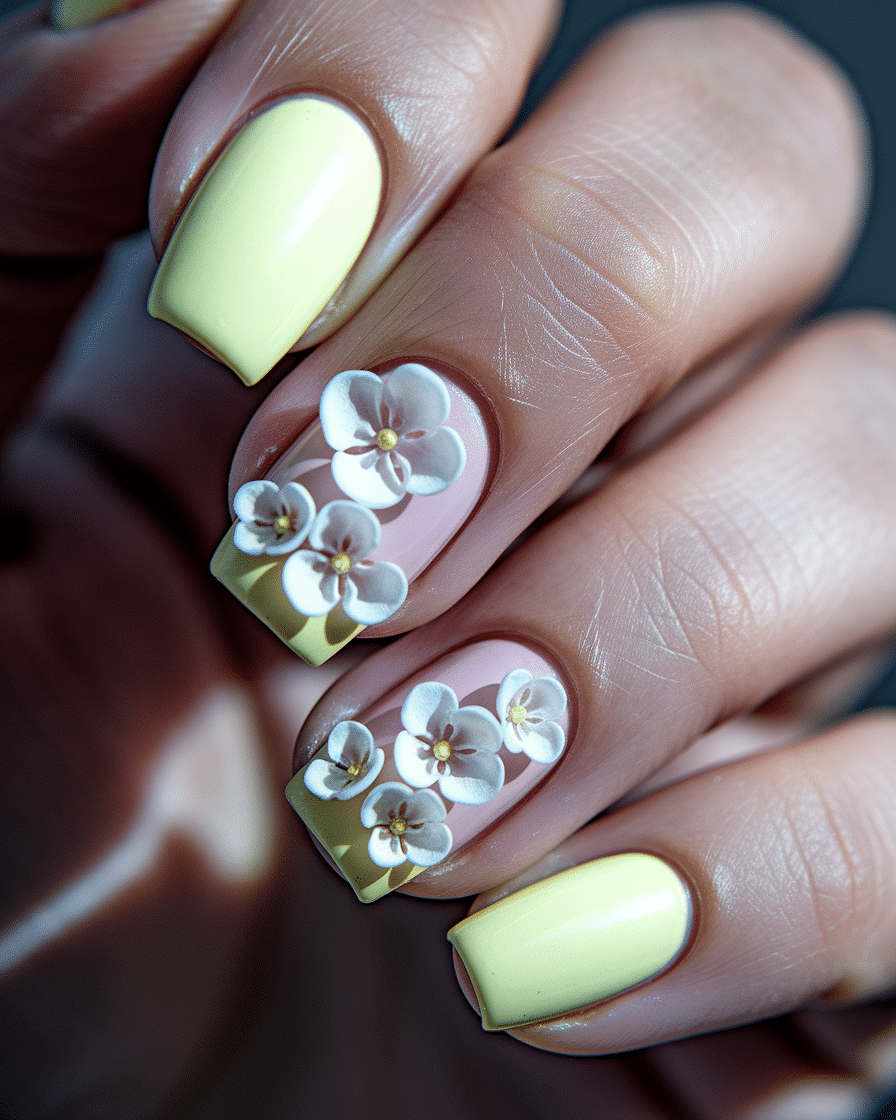 0012_3_a-close-up-photograph-of-a-hand-with-nai_ZqjlpZMHTcqGcz4t-Pqzng_yHZXaskWScurINlytWcQYg Elegant Summer Nail Designs Featuring Yellow, French Tips, and Floral Accents
