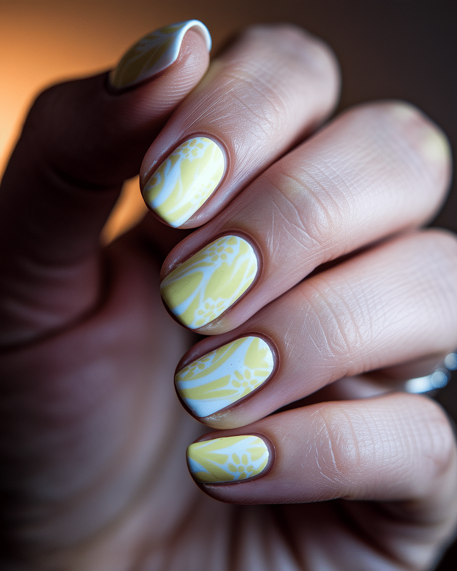 0013_3_a-close-up-photograph-captures-the-intri_hWtn0cfzTpOpBgc_76HzkA_oOpqozJVSmO1JA0jMk1new Elegant Summer Nail Designs Featuring Yellow, French Tips, and Floral Accents