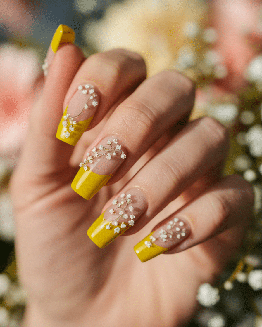 0014_1_a-close-up-shot-of-a-beautiful-hand-with_8ndgAn4PS3KwH-23QSfubA_coLEMzPCQ8ucOmVMFyJsmQ Elegant Summer Nail Designs Featuring Yellow, French Tips, and Floral Accents