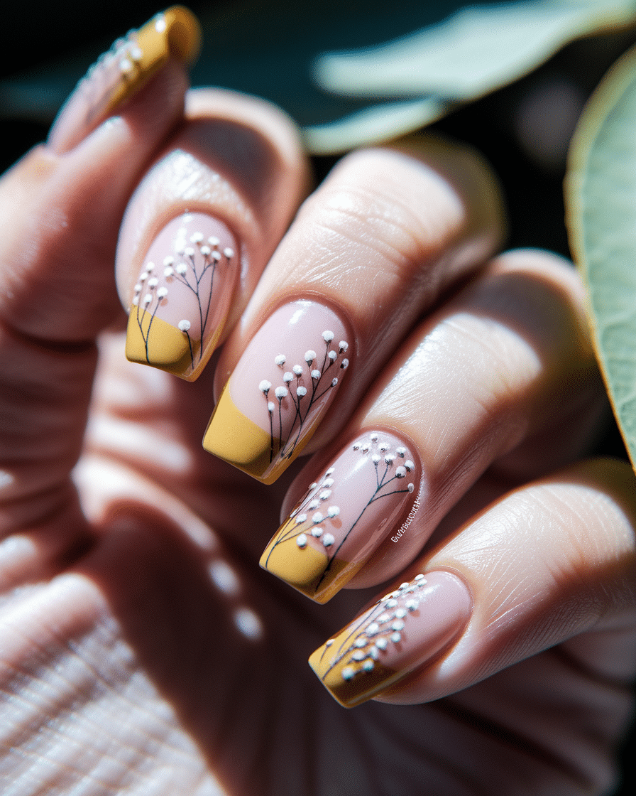 0014_3_a-close-up-photograph-of-a-hand-with-gol_h3klHQ6wTKKFBk5E1uhImA_coLEMzPCQ8ucOmVMFyJsmQ Elegant Summer Nail Designs Featuring Yellow, French Tips, and Floral Accents