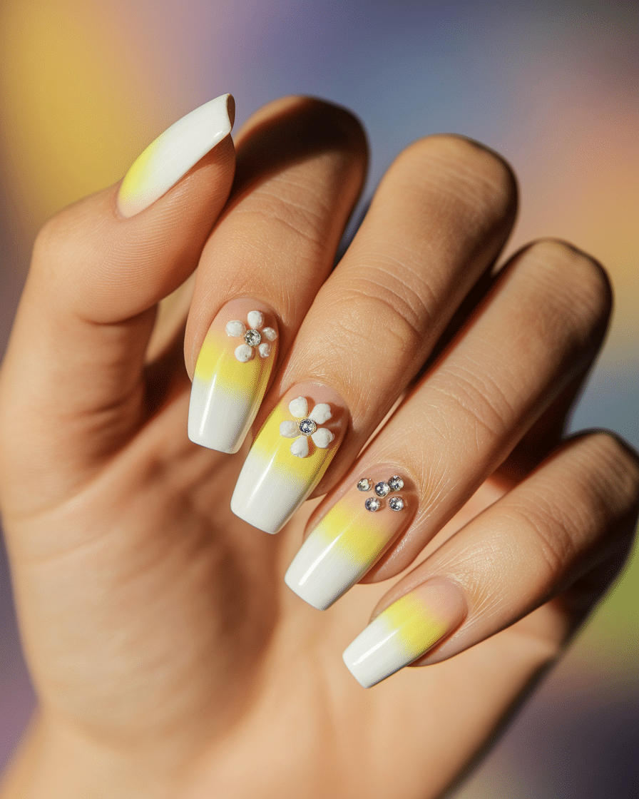 0015_1_a-close-up-photograph-of-a-beautiful-han_XZxqr4Y9S36pNQLc0XCjMA_8S6rSWSnSJi0zpuYitn9jQ Elegant Summer Nail Designs Featuring Yellow, French Tips, and Floral Accents