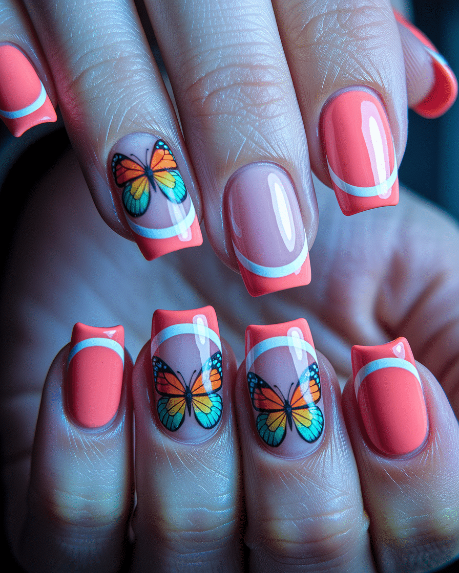 Colorful Butterfly Nail Designs with a French Tip Twist